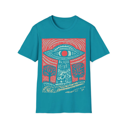 All-seeing UFO cow abduction design with eye-shaped flying saucer beaming up cow in colorful folk art landscape on blue t-shirt
