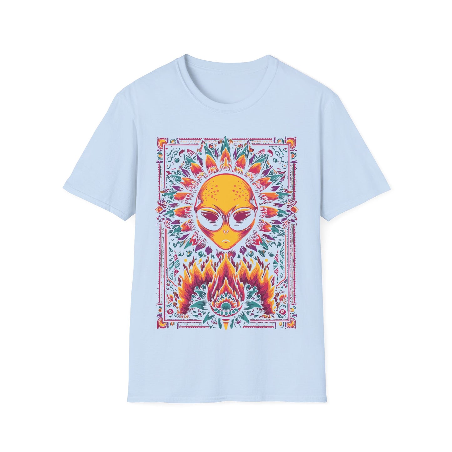 Psychedelic Alien Floral t-shirt design, featuring a glowing yellow alien head framed by vivid pink, teal, and orange floral patterns in a symmetrical psychedelic illustration on a light blue background