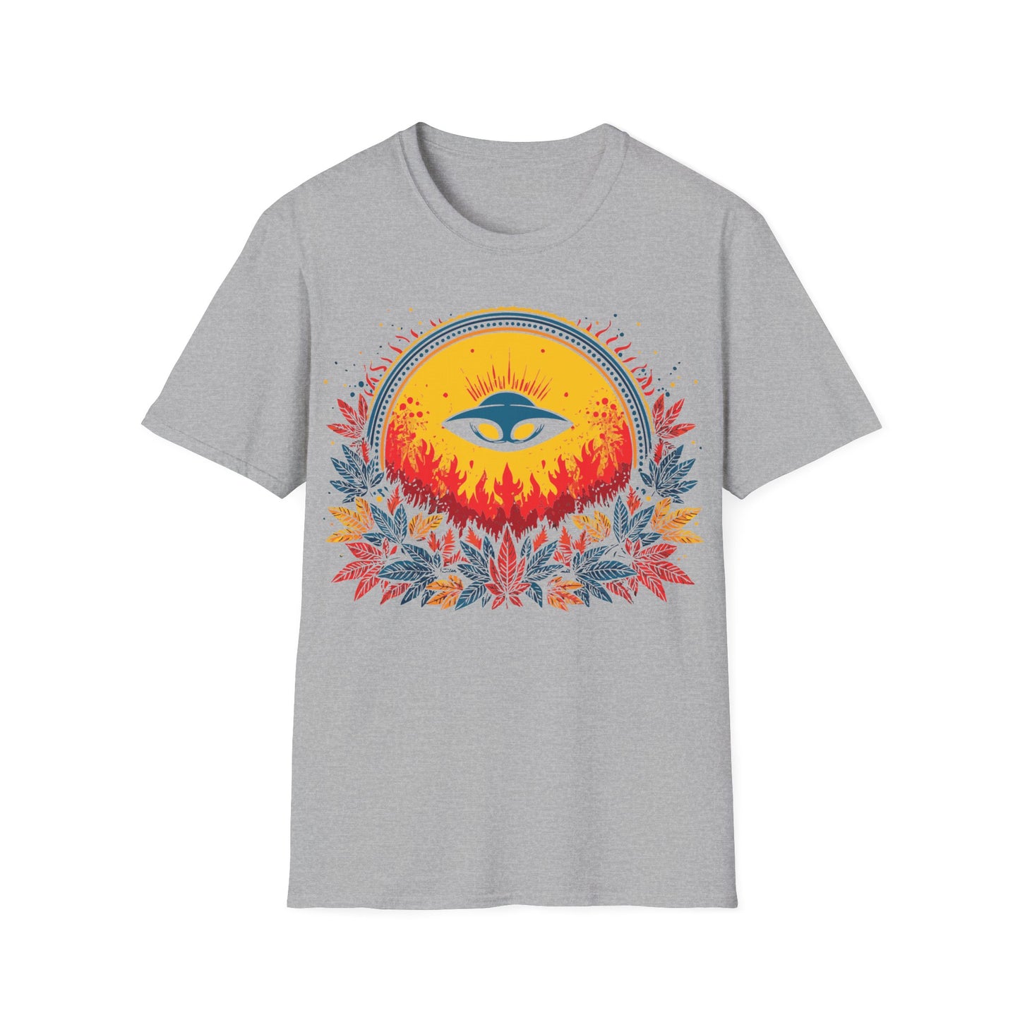 UFO Sun Fire t-shirt design, featuring a blue flying saucer silhouetted against a glowing golden sun with red flames and vibrant red, blue, and yellow foliage on a sport grey background