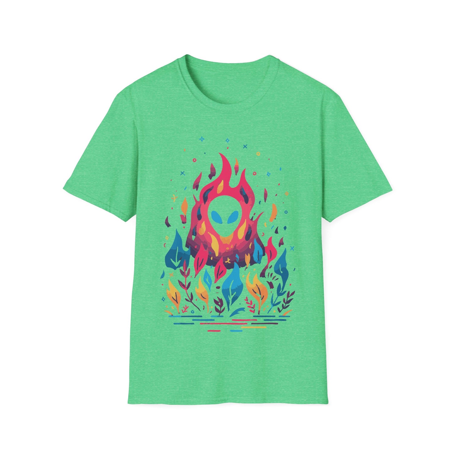 Neon Alien Fire and Botanicals t-shirt design, featuring an alien face with glowing blue eyes emerging from vivid pink flames surrounded by colorful blue, yellow, and purple botanical elements on a heather irish green background