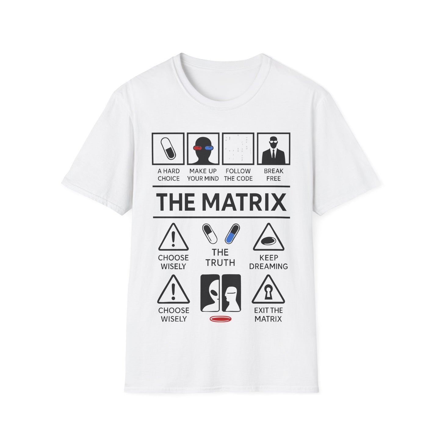 Matrix Icon Based t-shirt design, featuring bold white The Matrix lettering with red and blue pill symbols, code, suited figure, and sci-fi choice-based icon panels in a monochrome infographic style on a white background