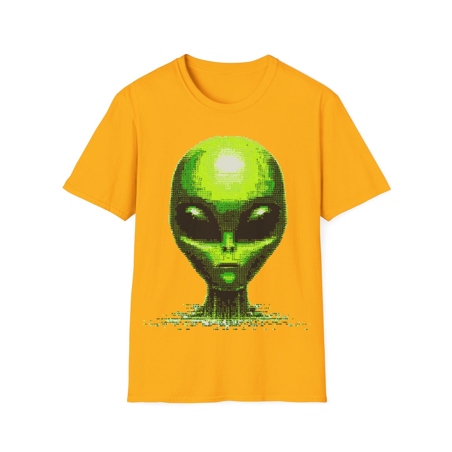 Neon green digital alien head pixel art graphic on orange t-shirt