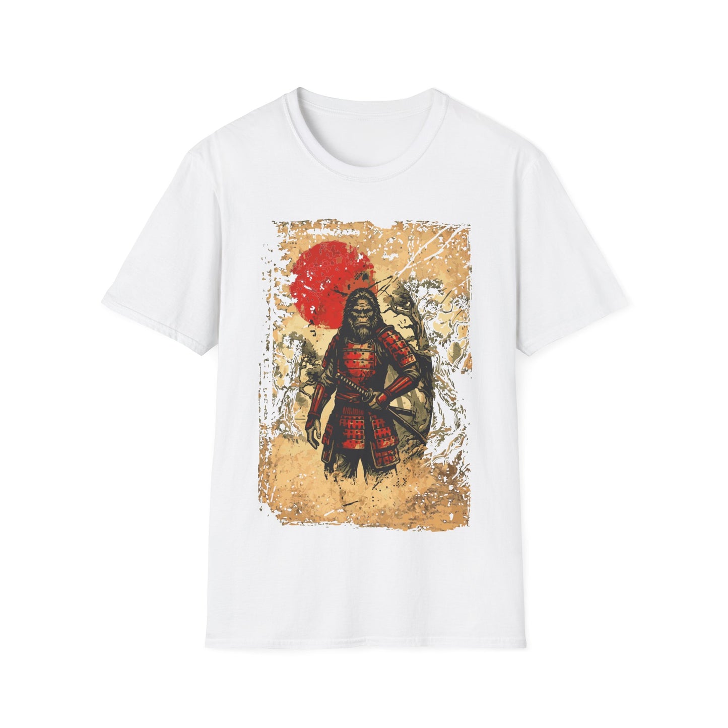 Sasquatch Samurai t-shirt design, featuring a fierce Bigfoot warrior in red samurai armor holding a katana in a haunted forest scene with a distressed parchment style background and red sun on a white background