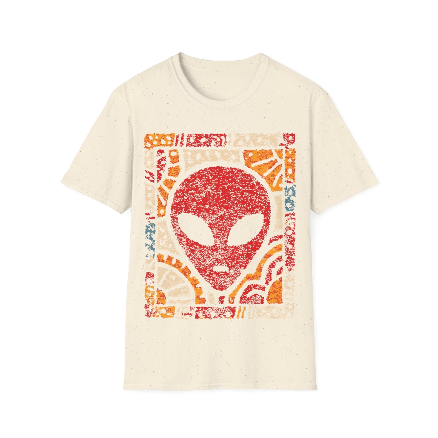 Art deco alien design with red alien face and bold geometric sunburst mosaic patterns in yellow, orange and cream on white t-shirt