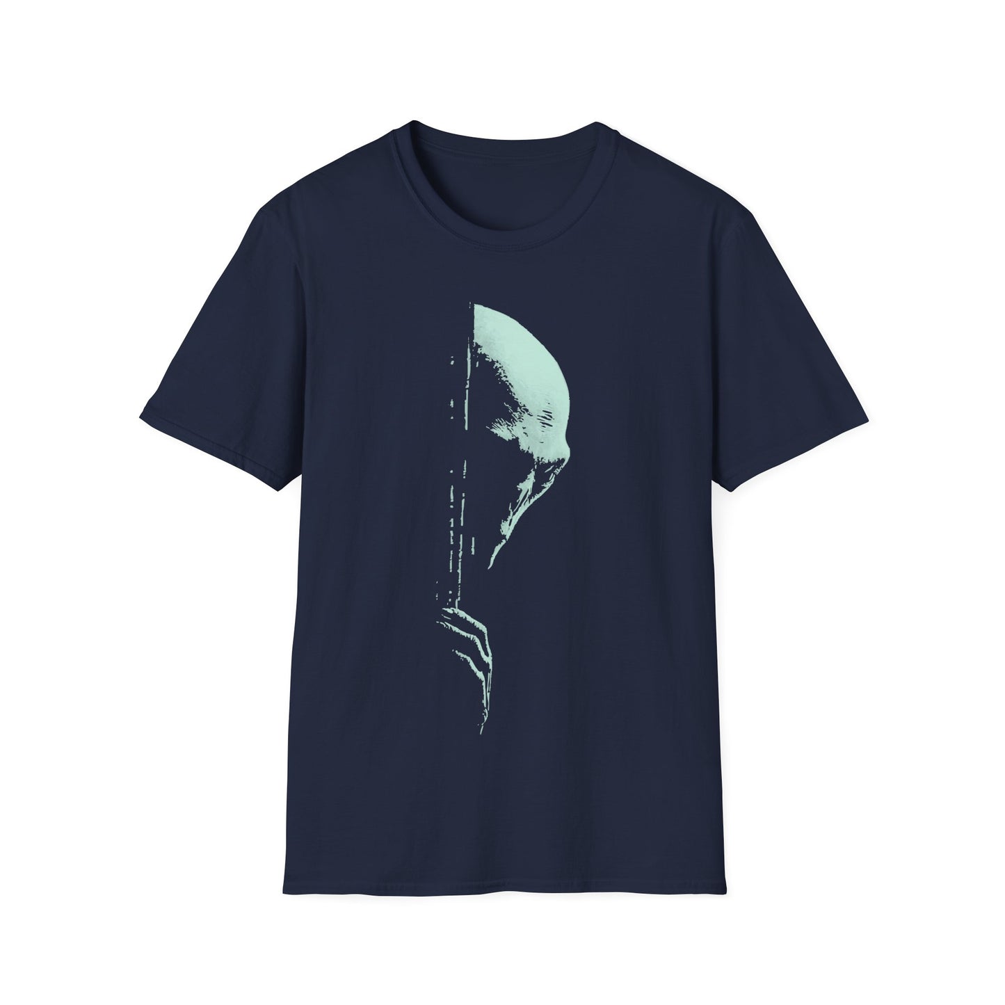 Creepy mint-green alien face silhouette with glitch/distressed texture on navy blue background, minimalist sci-fi UFO conspiracy t-shirt design