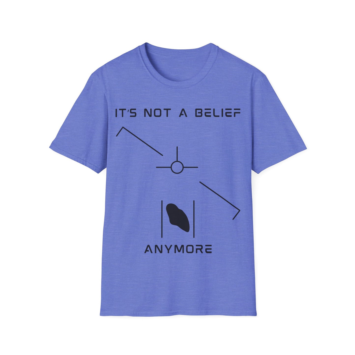 It’s Not a Belief Anymore t-shirt design, featuring minimalist white UFO sighting symbols with angled lines, central circular marker, and abstract glowing object on a heather navy blue background