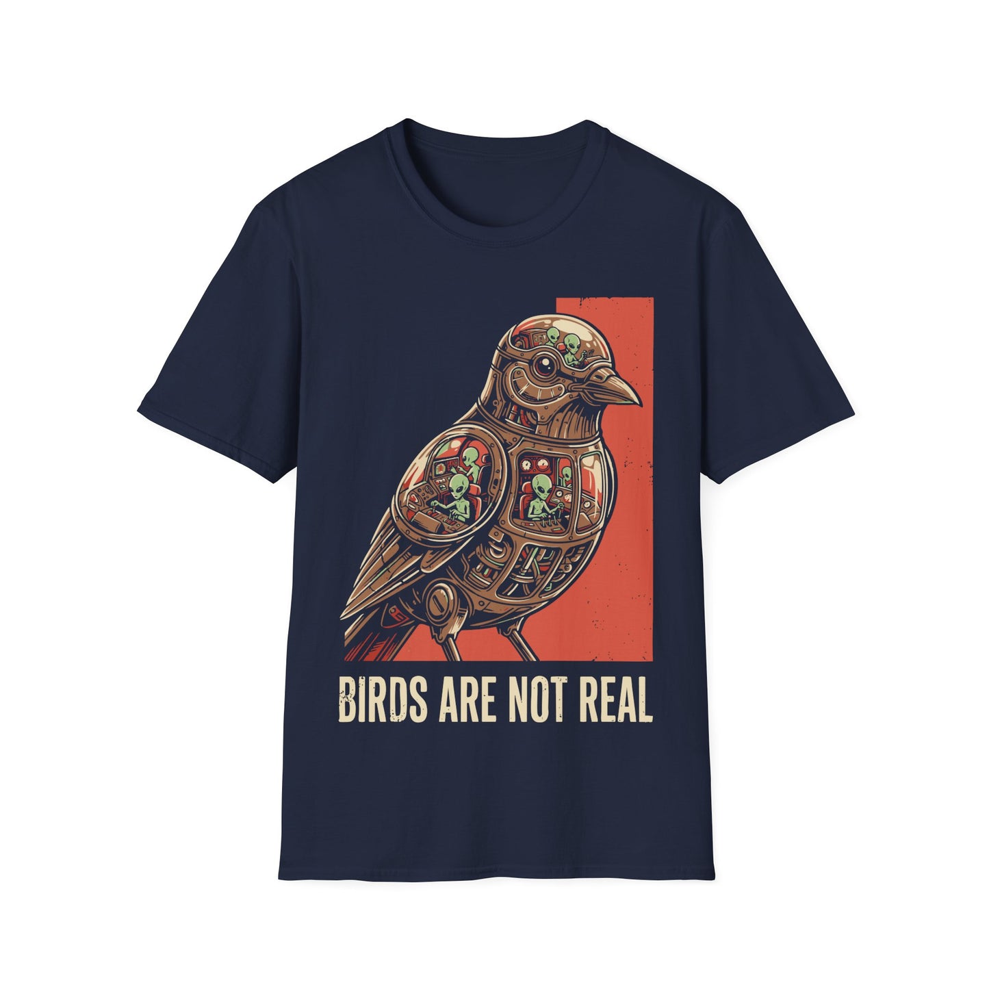 Birds Are Not Real t-shirt design, featuring a mechanical bird packed with tiny green aliens operating control panels inside in a retro sci-fi illustration on a navy blue background