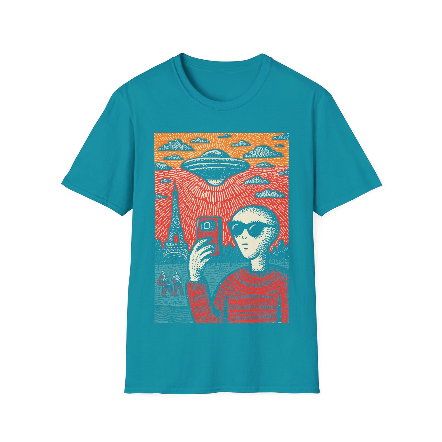 Alien Invasion Selfie Linocut t-shirt design, featuring a sunglasses wearing alien taking a selfie beneath a hovering UFO near the Eiffel Tower in a bold red, blue, and cream linocut style illustration on a tropical blue background