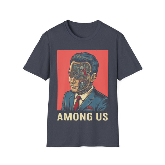 Among Us t-shirt design, featuring a sharply dressed man in a suit with his face opened to reveal tiny grey aliens operating machinery and control panels inside on a dark grey background