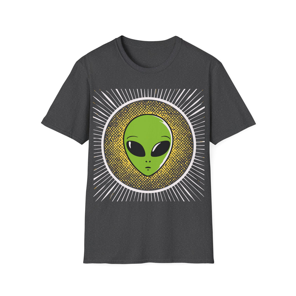 Retro Alien t-shirt design, featuring a bright green alien head with oversized black eyes surrounded by yellow halftone dots and radiating white lines in a bold vintage pop art style on a dark heather grey background