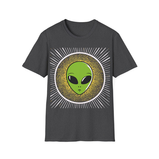 Retro Alien t-shirt design, featuring a bright green alien head with oversized black eyes surrounded by yellow halftone dots and radiating white lines in a bold vintage pop art style on a dark heather grey background