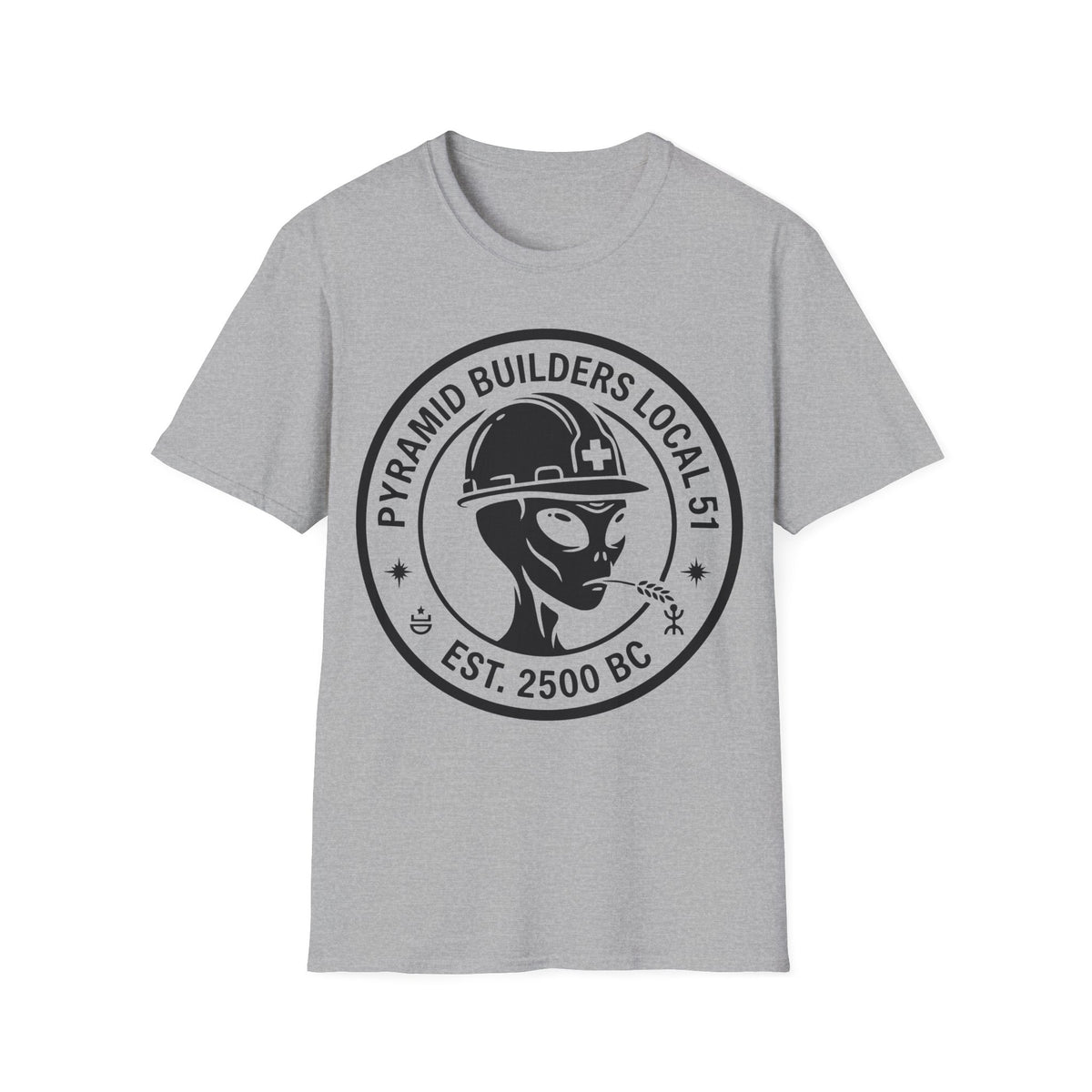 Pyramid Builders Badge t-shirt design, featuring a grey alien construction worker wearing a hard hat and chewing a wheat stalk, framed by bold circular “Pyramid Builders Local 51” and “Est. 2500 BC” lettering on a sport grey background