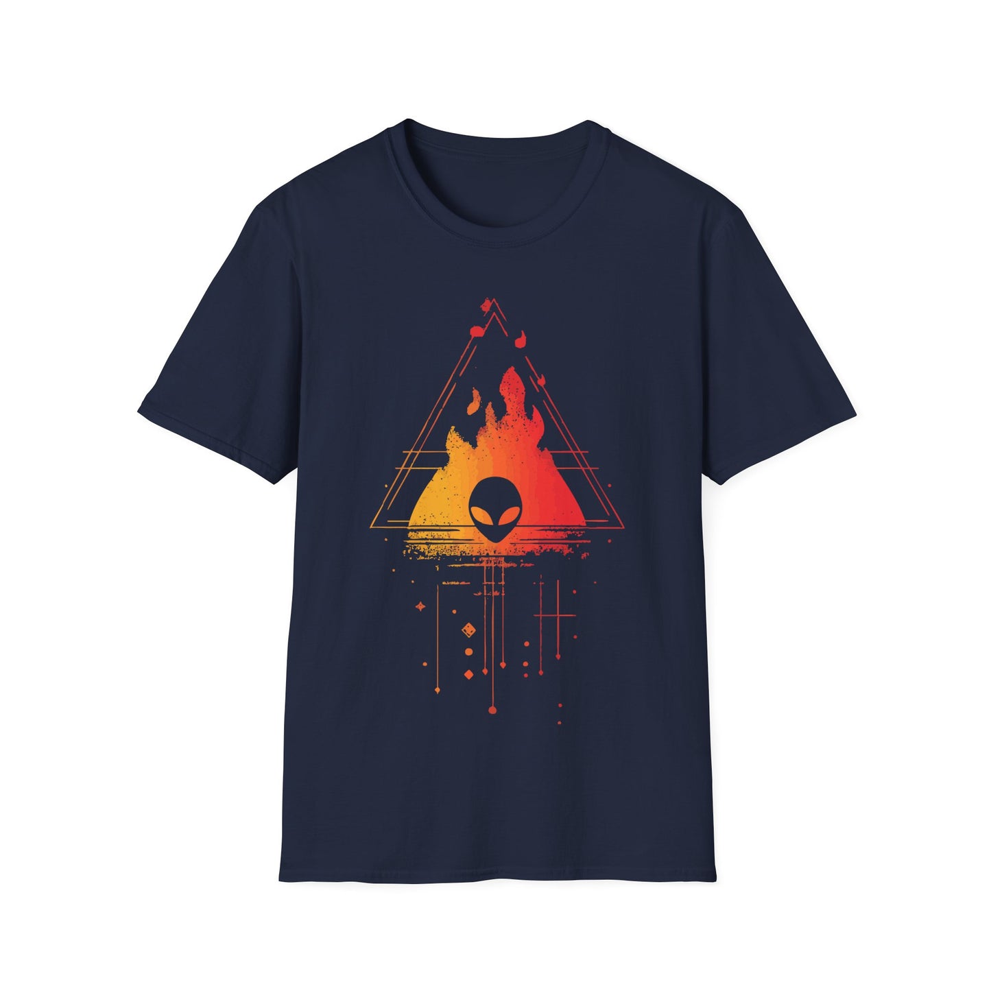Alien Burning Triangle t-shirt design, featuring an alien head set against fiery yellow-to-red flames inside a geometric triangle with retro sci-fi linework on a navy blue background