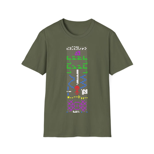 Chilbolton Message t-shirt design, featuring the multicolored binary crop circle response with DNA, alien figure, planetary system, and transmitter symbols arranged in a vertical pixel grid on a military green background