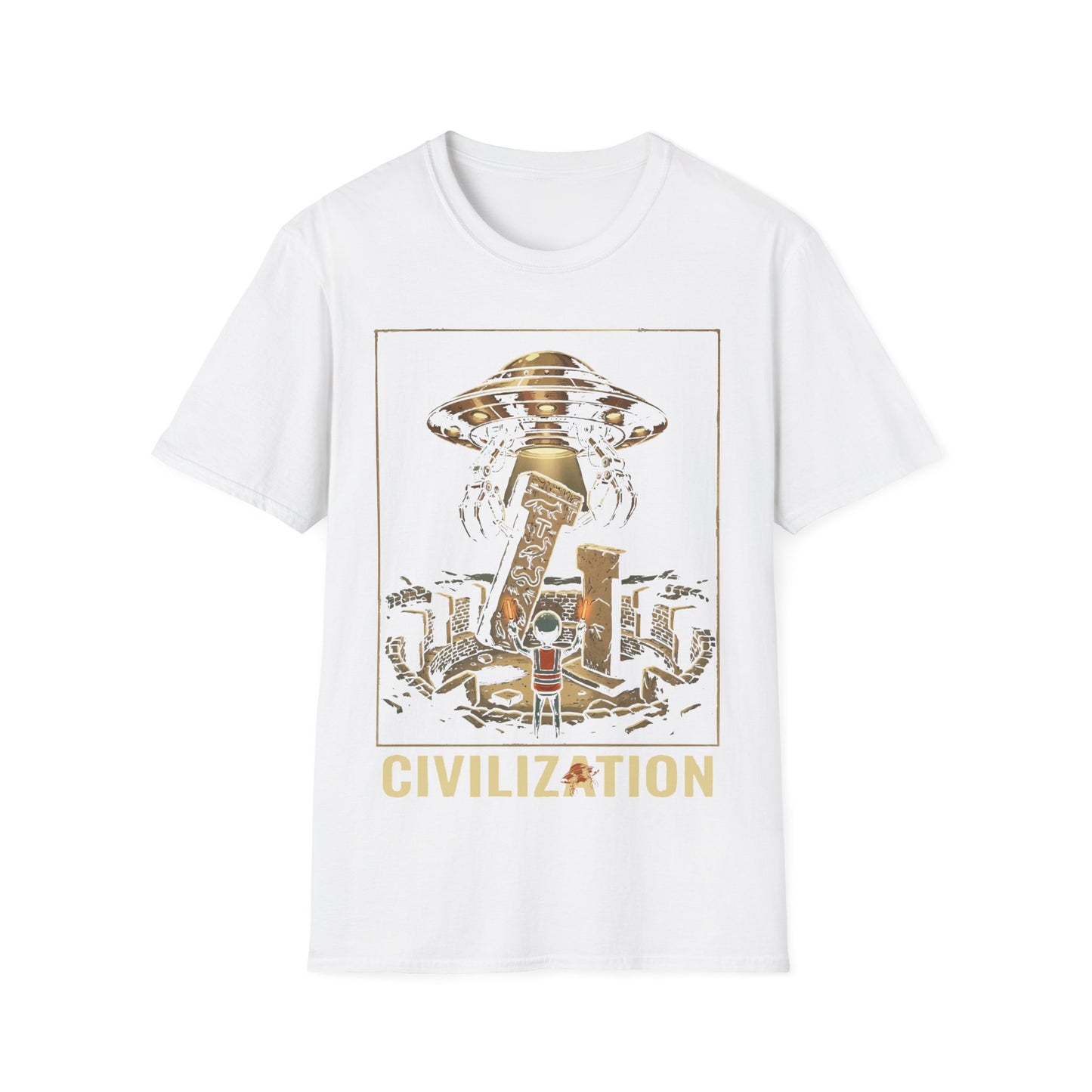 Gobeklitepe Construction t-shirt design, featuring a small alien overseeing a hovering UFO lifting carved stone pillars above an ancient circular site including word 'Civilization' in a retro sci-fi illustration on a white background