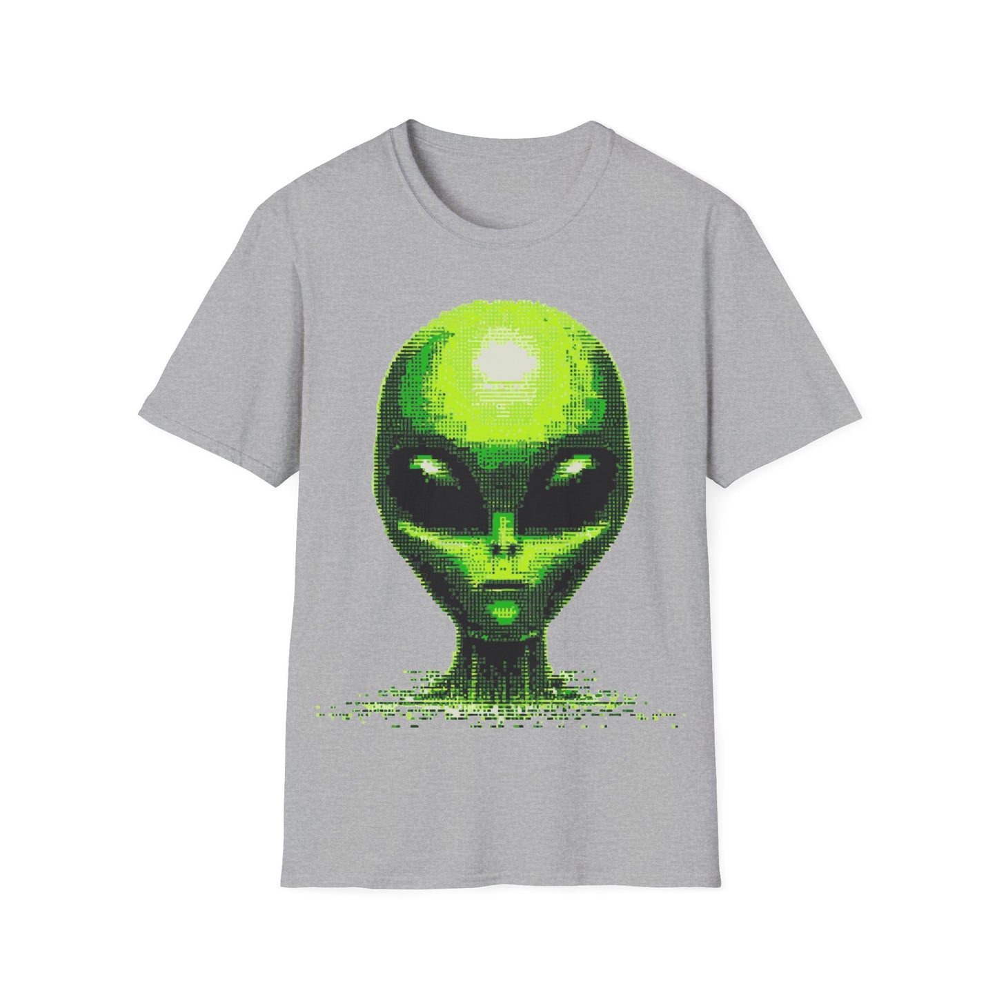 Neon green digital alien head pixel art graphic on gray t-shirt