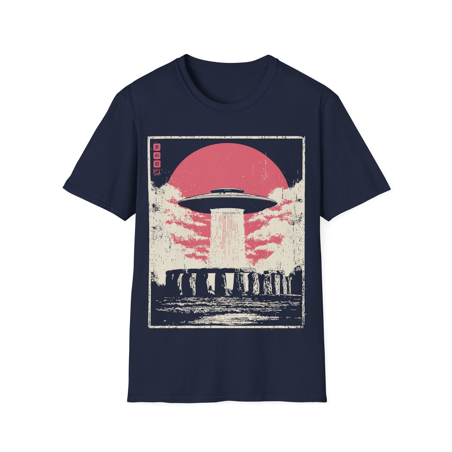 Stonehenge Signal t-shirt design, featuring a classic flying saucer casting a vertical beam over Stonehenge in a distressed retro sci-fi illustration with a muted pink sun on navy blue background