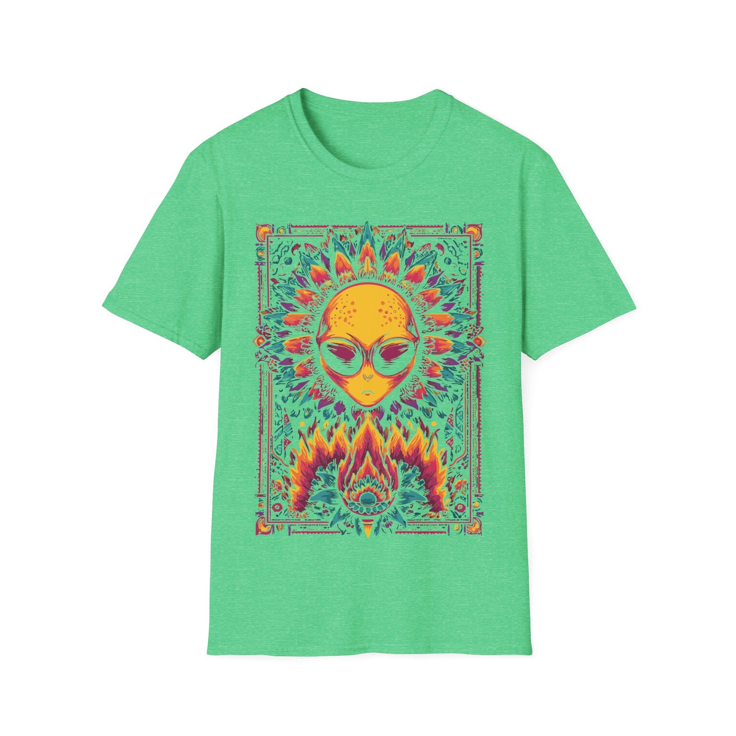 Psychedelic Alien Floral t-shirt design, featuring a glowing yellow alien head framed by vivid pink, teal, and orange floral patterns in a symmetrical psychedelic illustration on a heather green background