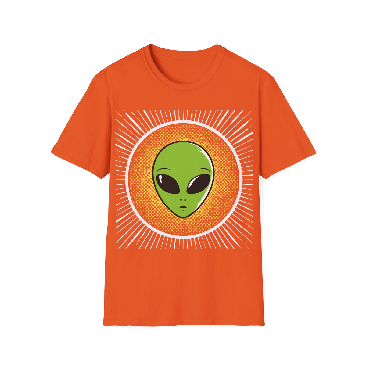 Retro Alien t-shirt design, featuring a bright green alien head with oversized black eyes surrounded by yellow halftone dots and radiating white lines in a bold vintage pop art style on an orange background