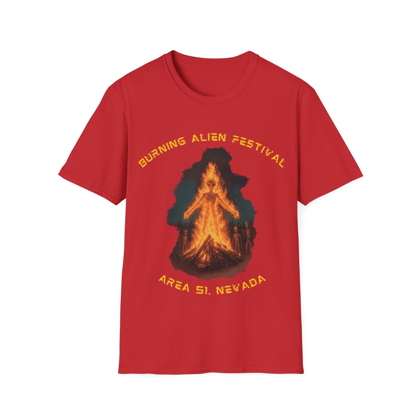 Burning Alien Festival t-shirt design with alien-shaped bonfire surrounded by aliens at Area 51 Nevada on red t-shirt