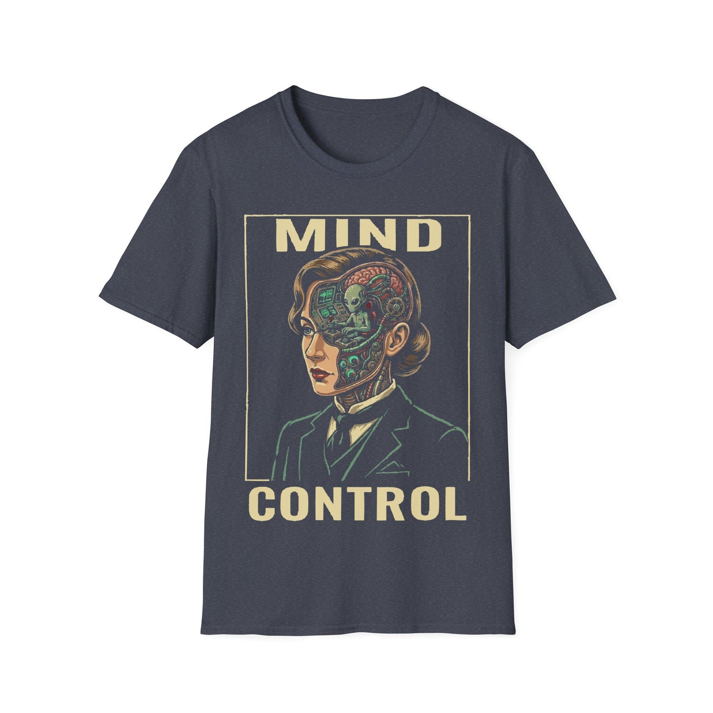 Mind Control t-shirt design, featuring a sharply dressed woman with her head opened to reveal a tiny grey alien operating a control console inside in a retro sci-fi illustration on a dark grey background