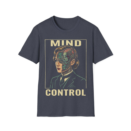 Mind Control t-shirt design, featuring a sharply dressed woman with her head opened to reveal a tiny grey alien operating a control console inside in a retro sci-fi illustration on a dark grey background