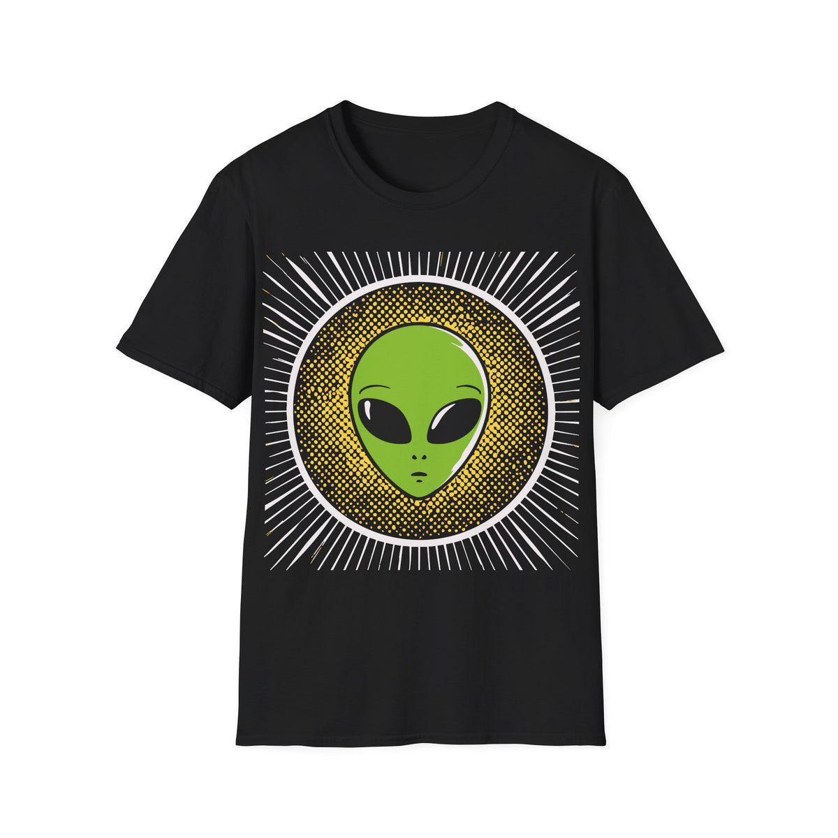 Retro Alien t-shirt design, featuring a bright green alien head with oversized black eyes surrounded by yellow halftone dots and radiating white lines in a bold vintage pop art style on a black background