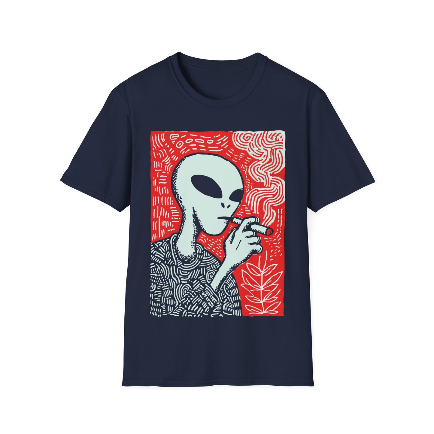 Alien smoking 420 design with cool grey alien holding a lit joint on navy blue t-shirt