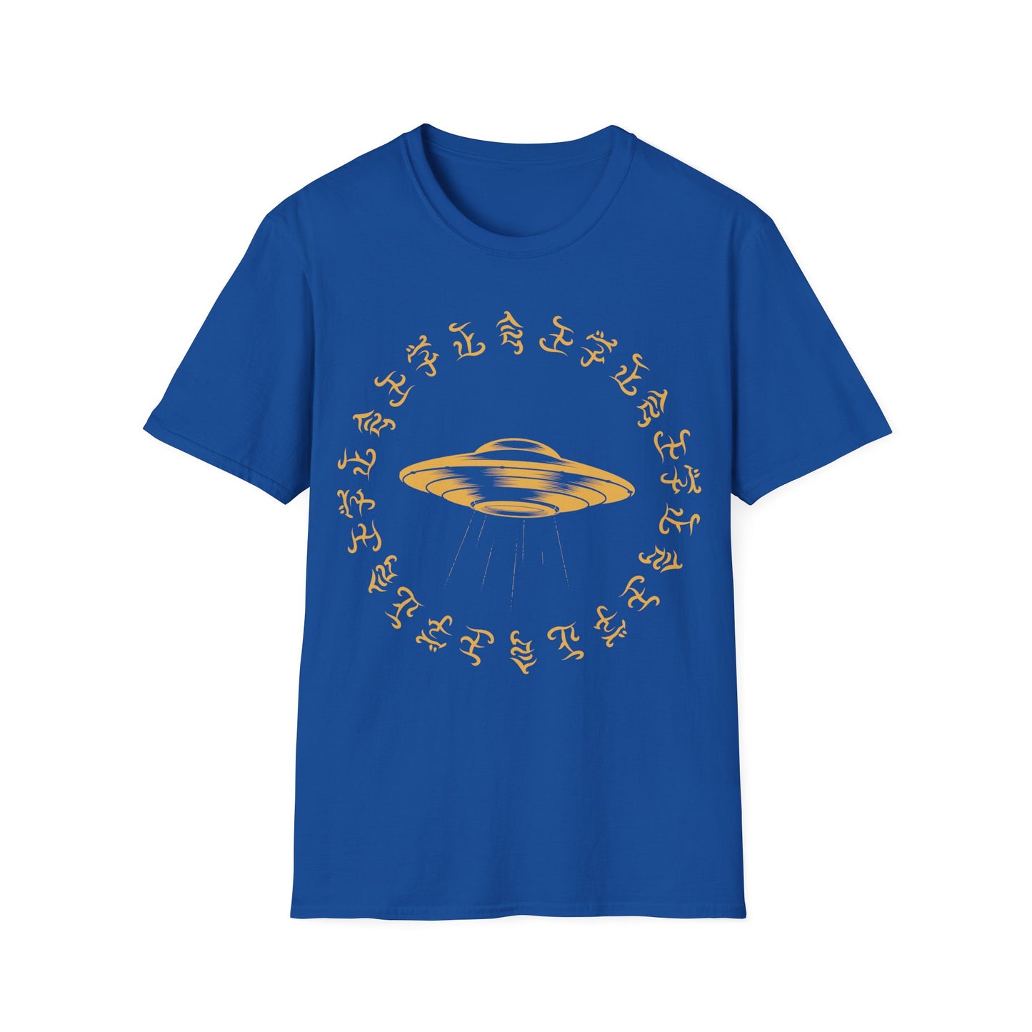 Gold UFO with beam of light t-shirt design, surrounded by a circular ring of stylized alien glyph symbols on a royal blue background