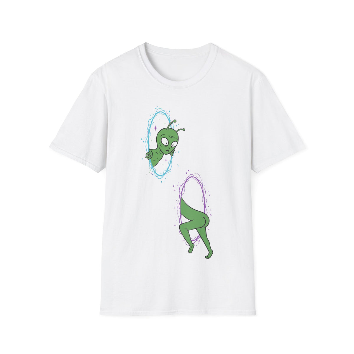 The Portal t-shirt design, featuring a confused green alien awkwardly passing through two glowing cosmic portals, with its head emerging from one and body disappearing into another in a funny cartoon style on a white background