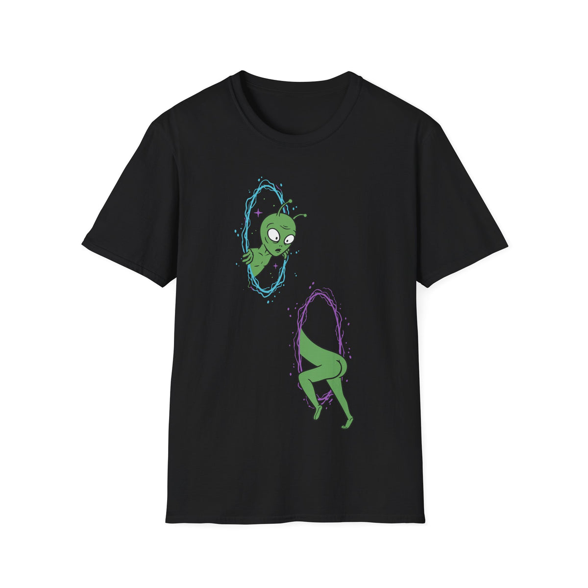 The Portal t-shirt design, featuring a confused green alien awkwardly passing through two glowing cosmic portals, with its head emerging from one and body disappearing into another in a funny cartoon style on a black background