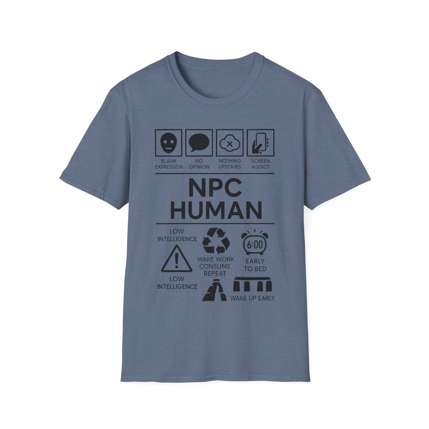 NPC Human Icon Based t-shirt design, featuring bold white NPC Human lettering with blank face, speech bubble, phone, warning symbol, alarm clock, and satirical human-behavior icon panels in a monochrome infographic style on a heather indigo background