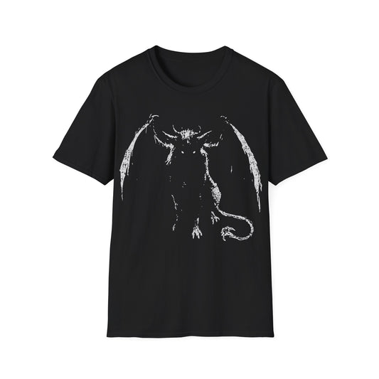 Jersey Devil Scary t-shirt design, featuring a shadowy horned winged creature with clawed hands, long tail, and glowing eyes in a distressed white silhouette on a black background