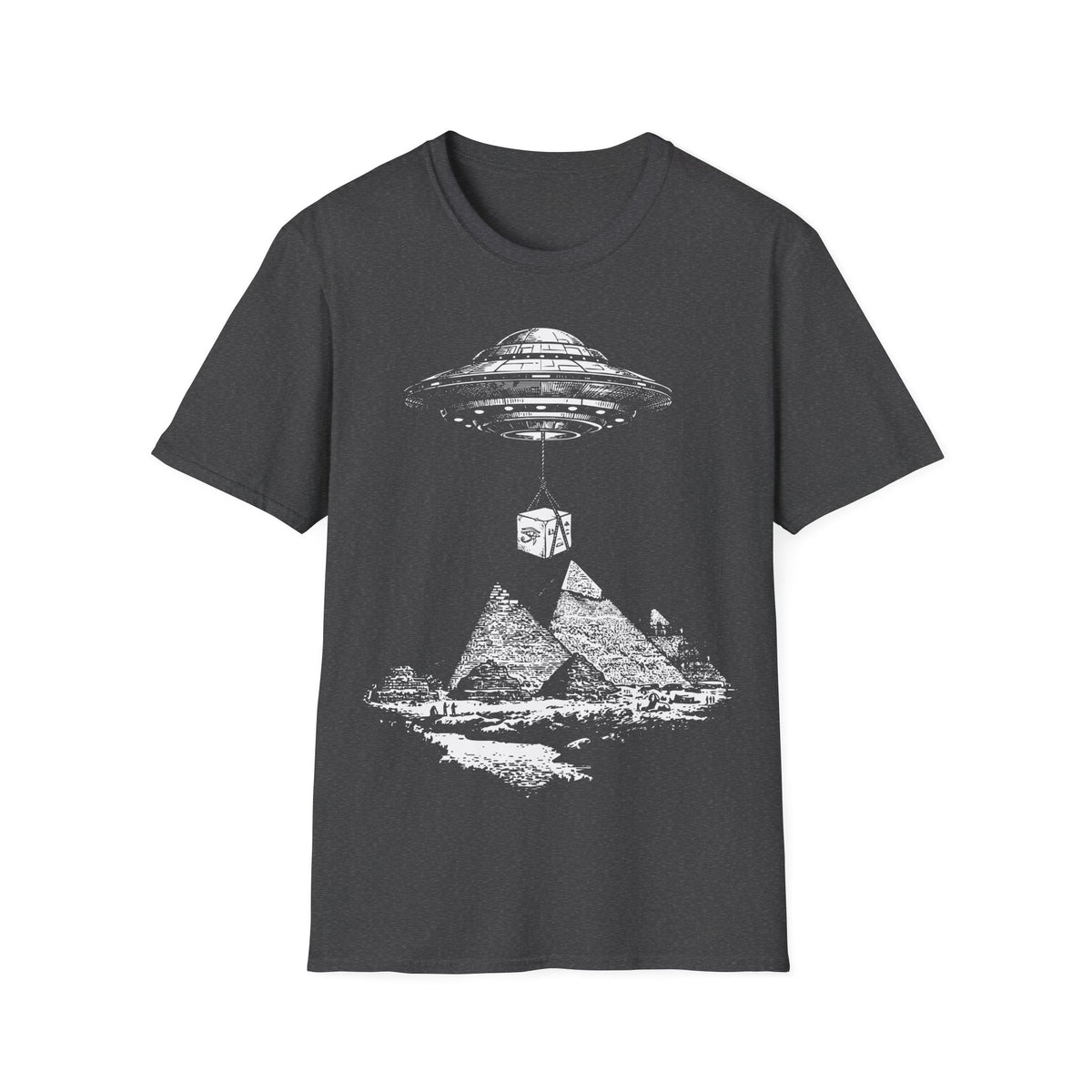 UFO Carrying Lime Block t-shirt design, featuring a flying saucer using ropes to lift a massive stone block above the pyramids of Giza in a detailed vintage illustration on a dark heather grey background