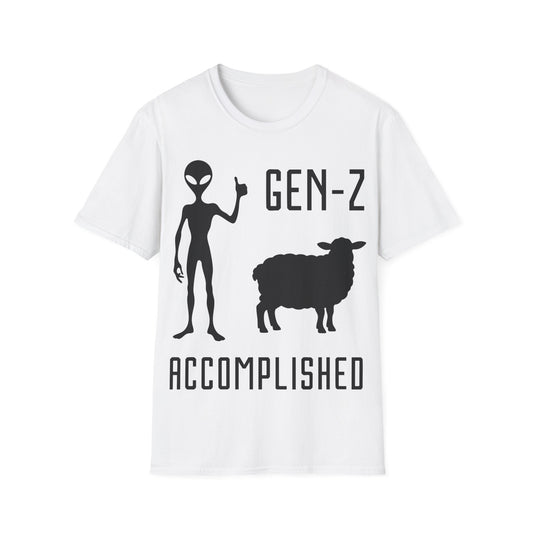 Gen-Z Accomplished t-shirt design, featuring an alien giving a thumbs-up beside a sheep silhouette with bold futuristic lettering in a minimalist graphic style on a white background