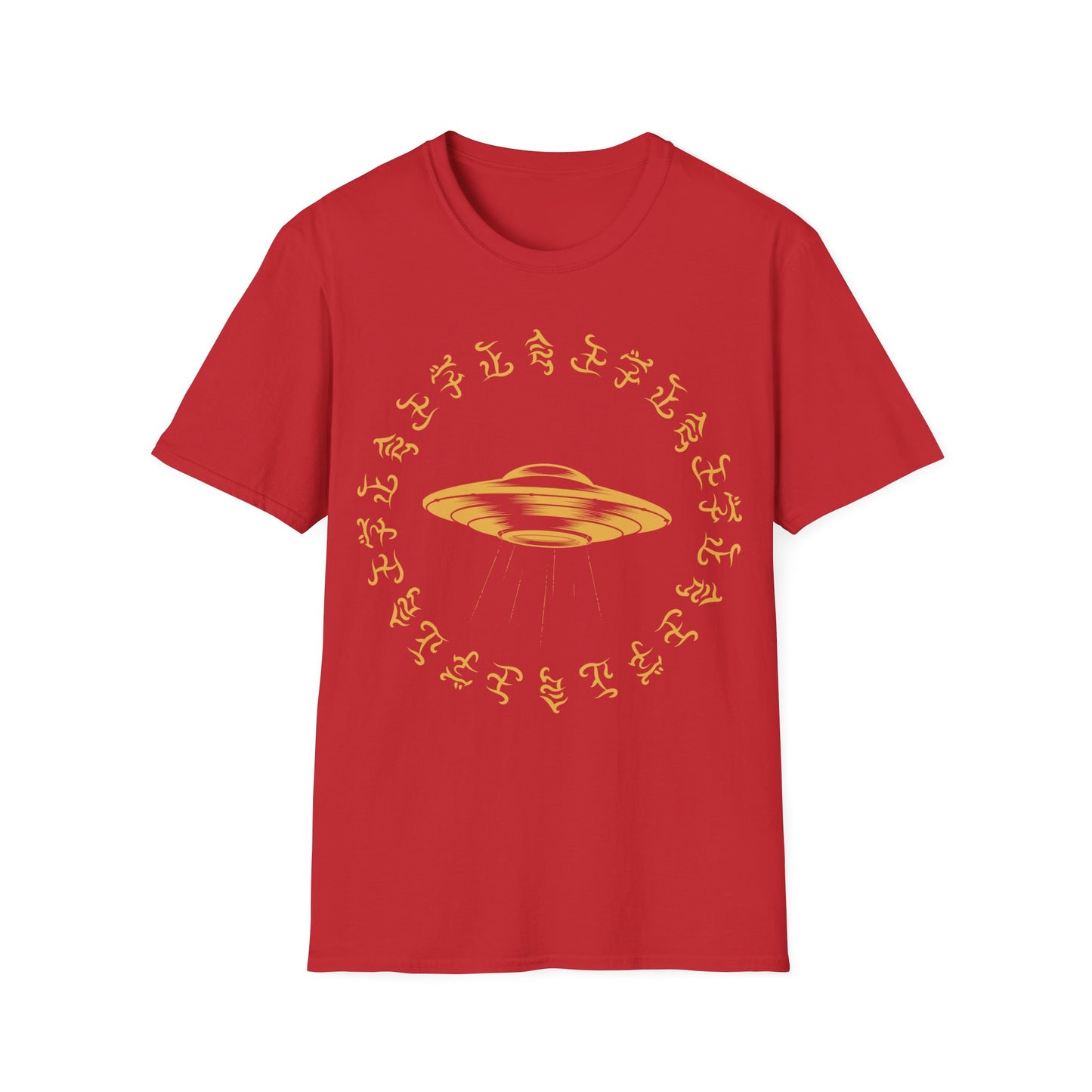 Gold UFO with beam of light t-shirt design, surrounded by a circular ring of stylized alien glyph symbols on a red background