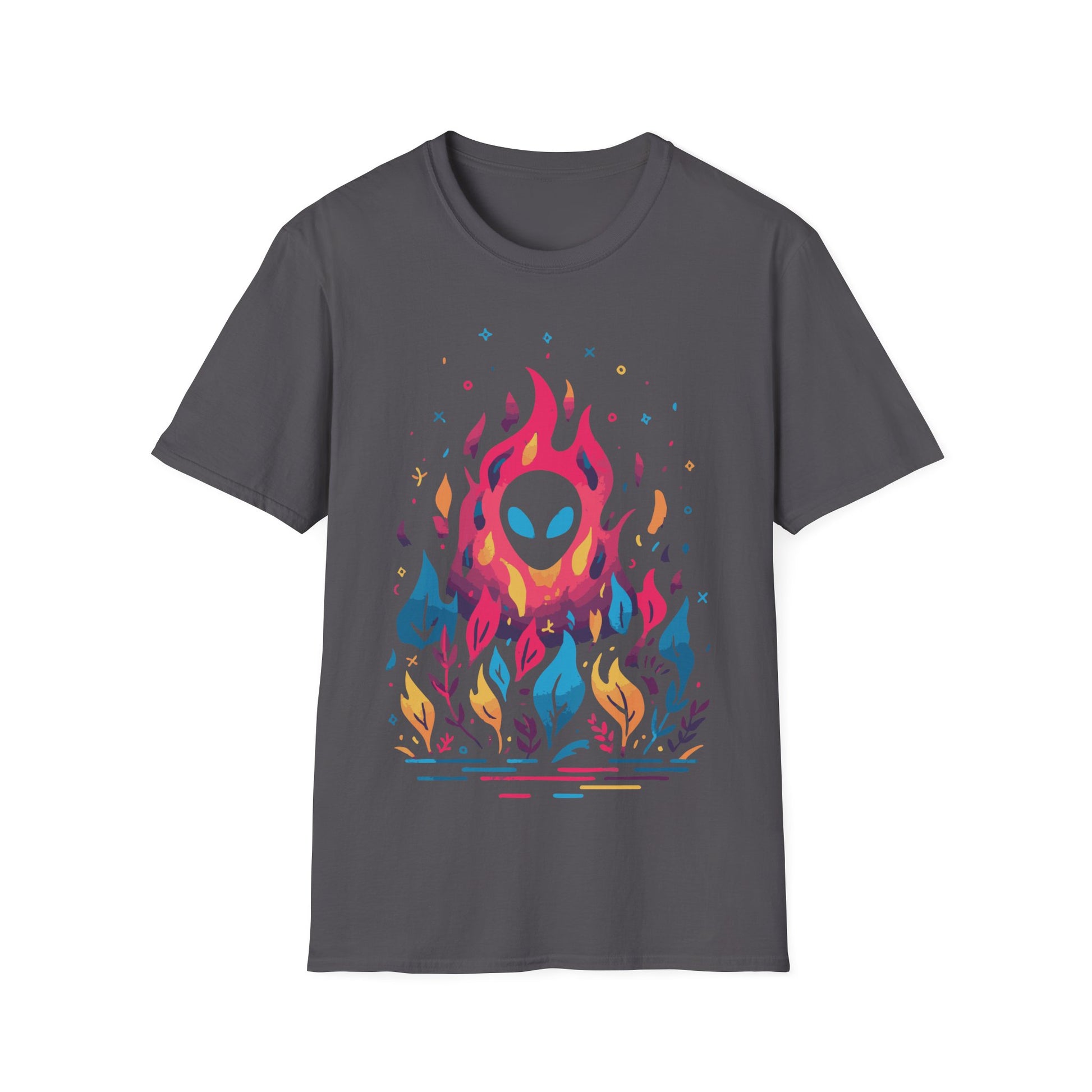 Neon Alien Fire and Botanicals t-shirt design, featuring an alien face with glowing blue eyes emerging from vivid pink flames surrounded by colorful blue, yellow, and purple botanical elements on a charcoal grey background