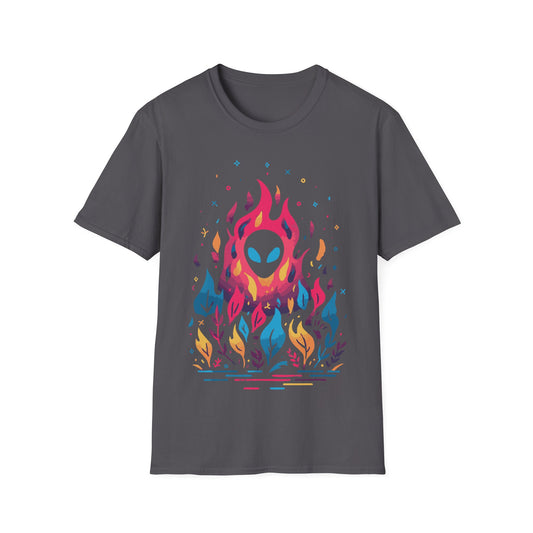 Neon Alien Fire and Botanicals t-shirt design, featuring an alien face with glowing blue eyes emerging from vivid pink flames surrounded by colorful blue, yellow, and purple botanical elements on a charcoal grey background