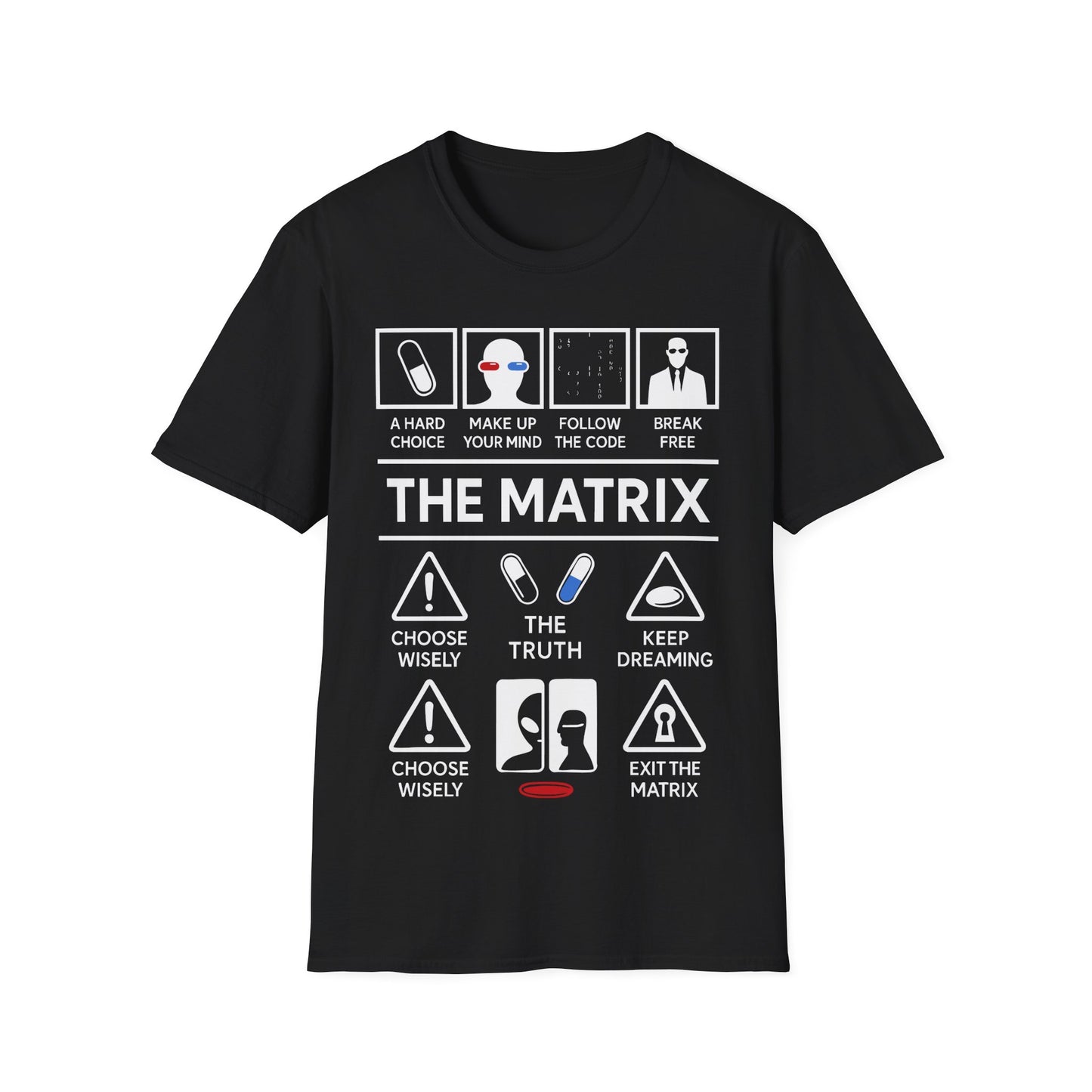 Matrix Icon Based t-shirt design, featuring bold white The Matrix lettering with red and blue pill symbols, code, suited figure, and sci-fi choice-based icon panels in a monochrome infographic style on a black background