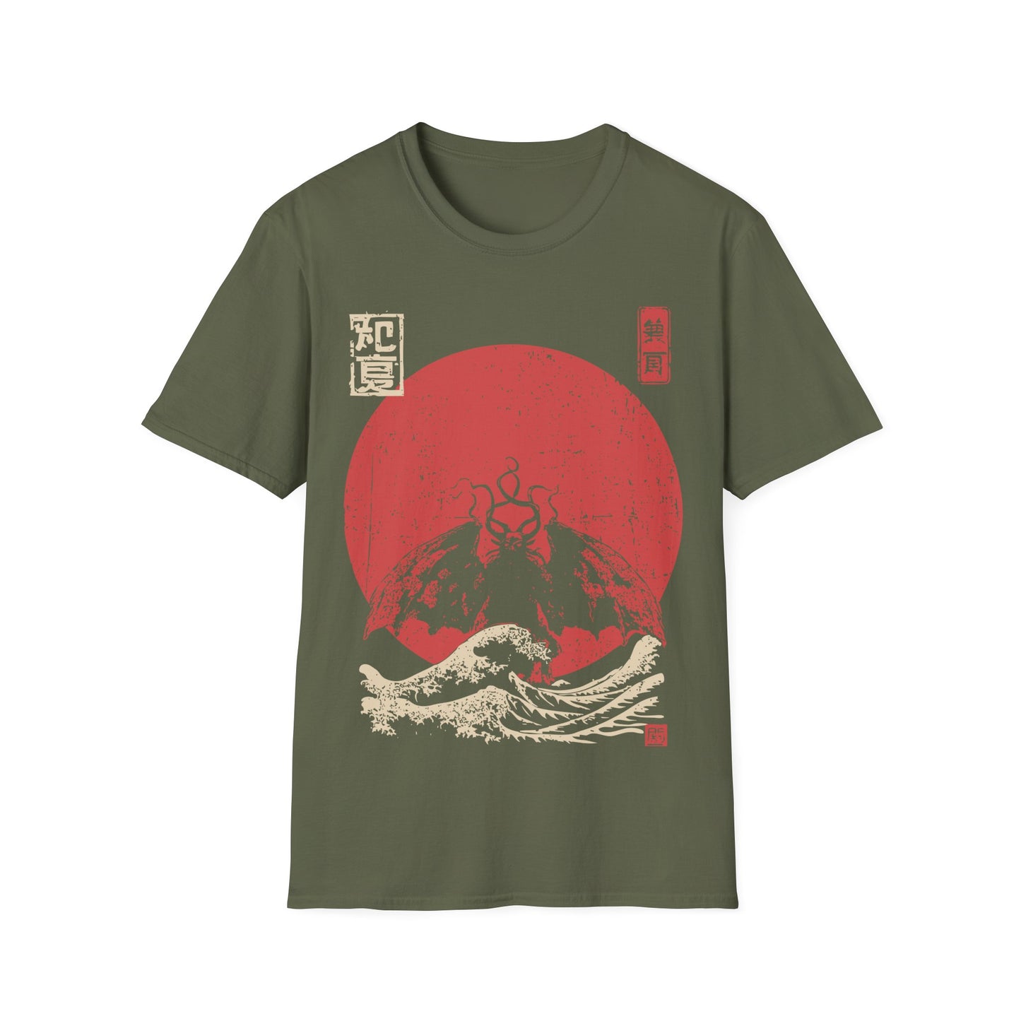 Mothman Red Sun t-shirt design, featuring a shadowy winged Mothman with glowing eyes rising above crashing waves against a distressed red sun in a vintage Japanese inspired illustration on a military green background