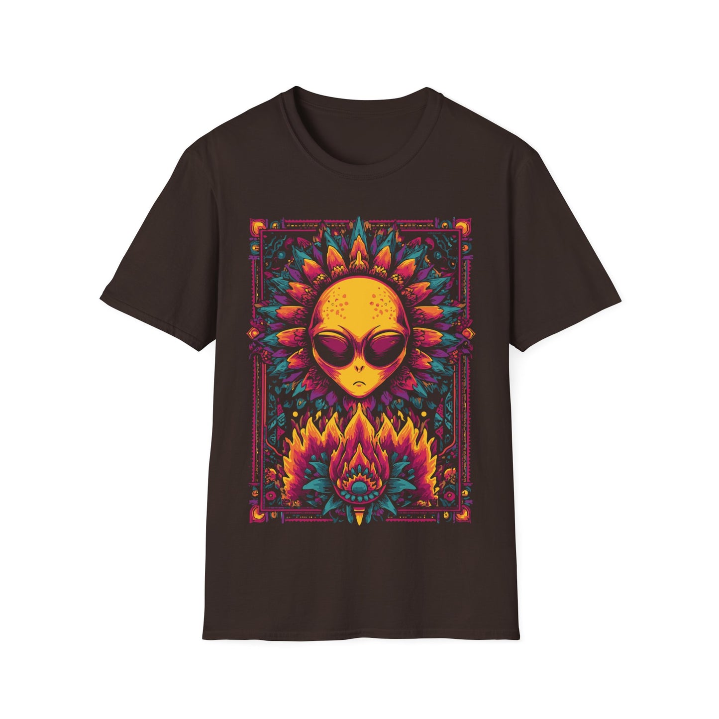 Psychedelic Alien Floral t-shirt design, featuring a glowing yellow alien head framed by vivid pink, teal, and orange floral patterns in a symmetrical psychedelic illustration on a dark chocolate brown background