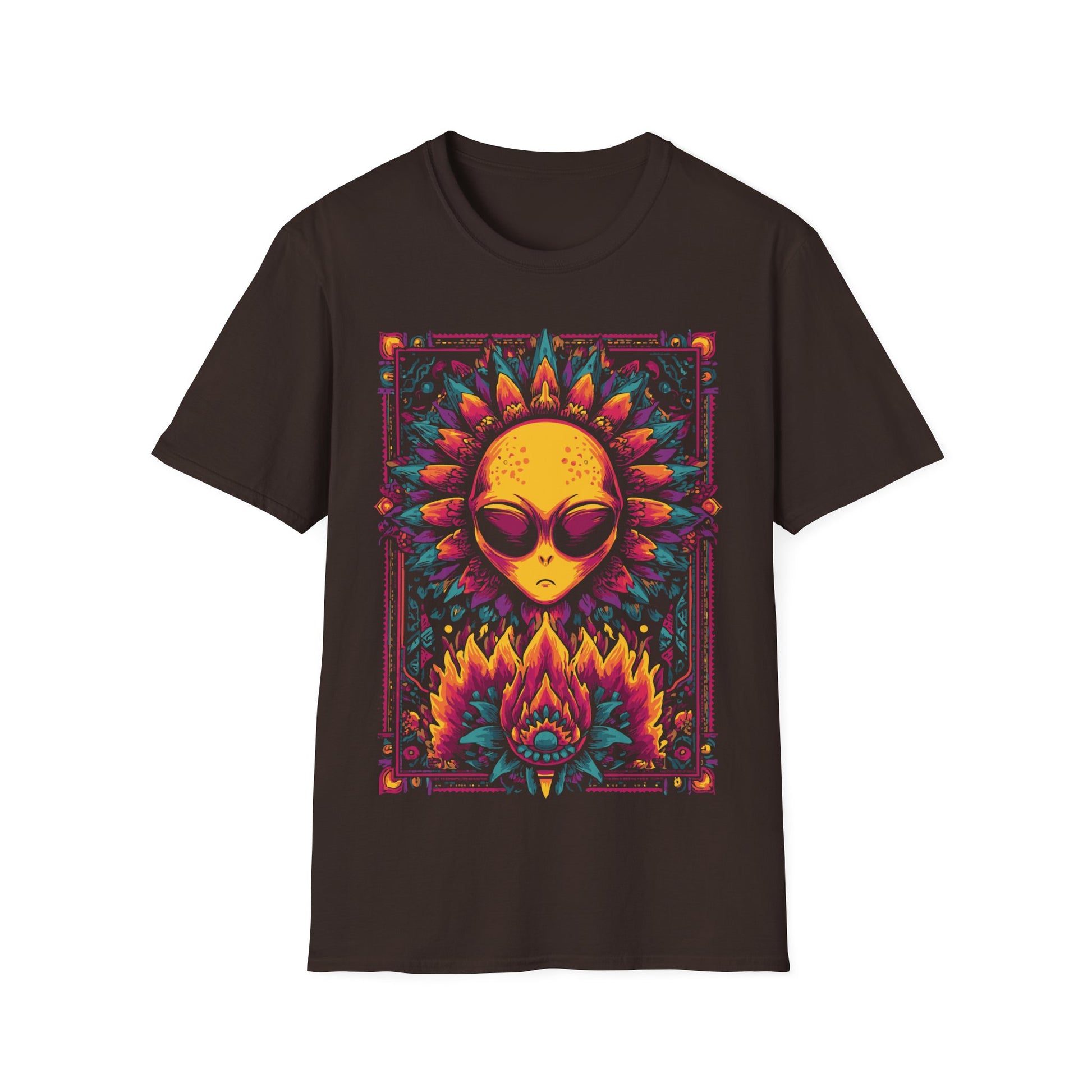 Psychedelic Alien Floral t-shirt design, featuring a glowing yellow alien head framed by vivid pink, teal, and orange floral patterns in a symmetrical psychedelic illustration on a dark chocolate brown background