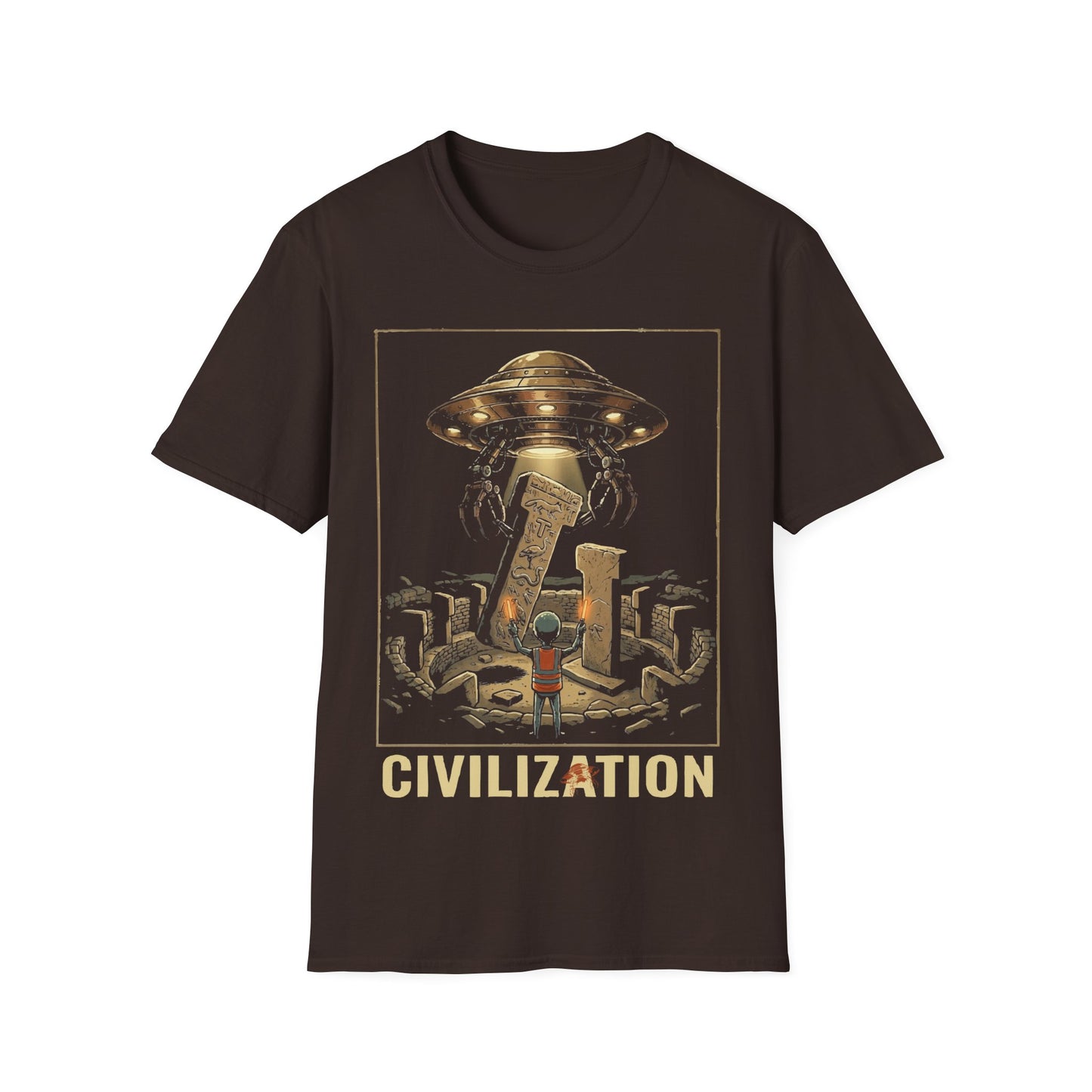Gobeklitepe Construction t-shirt design, featuring a small alien overseeing a hovering UFO lifting carved stone pillars above an ancient circular site including word 'Civilization' in a retro sci-fi illustration on a dark chocolate brown background