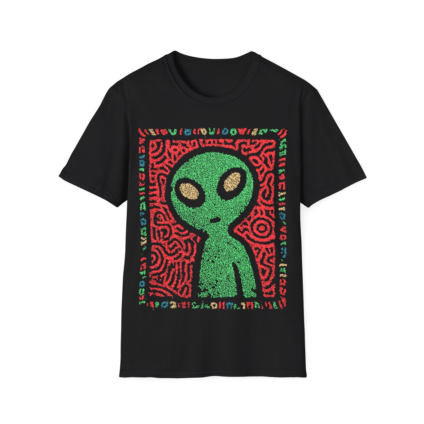 Cute alien folk art design with green alien figure on red tribal patterned background and colorful glyph border on black t-shirt