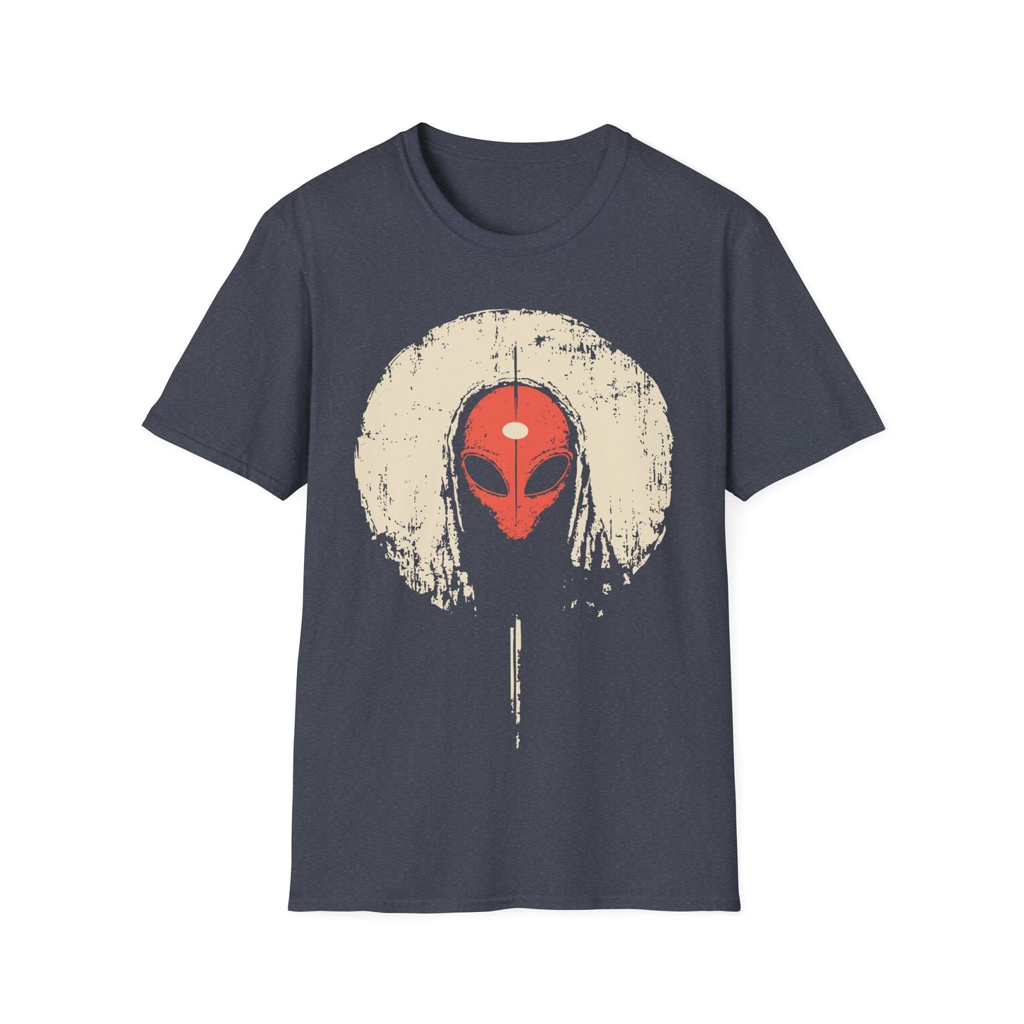 Alien Third Eye Moon t-shirt design, featuring a red alien face with a centered third eye mark framed by a distressed cream moon in a minimalist occult inspired illustration on a grey background