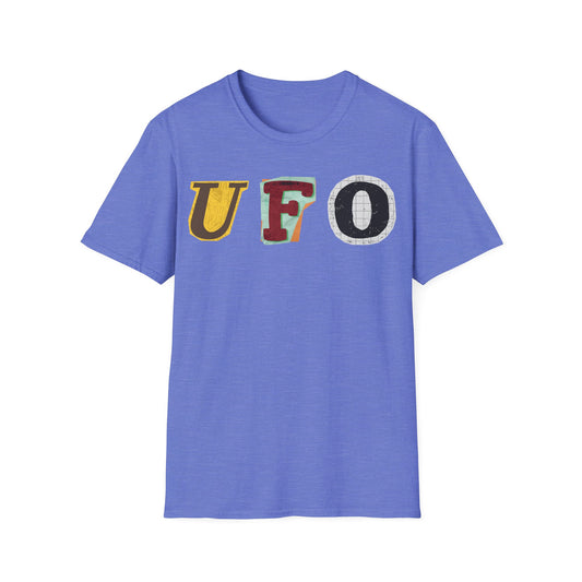 UFO Letter Cuts t-shirt design, featuring the word “UFO” assembled from mismatched colorful cutout letters in a playful ransom-note collage style on a heather royal blue background
