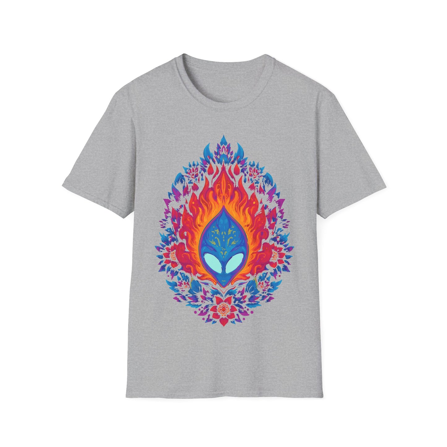 Flaming Alien Mask Floral t-shirt design, featuring a blue alien mask surrounded by vivid orange flames and bright pink, purple, and blue floral elements in a symmetrical psychedelic illustration on a sport grey background