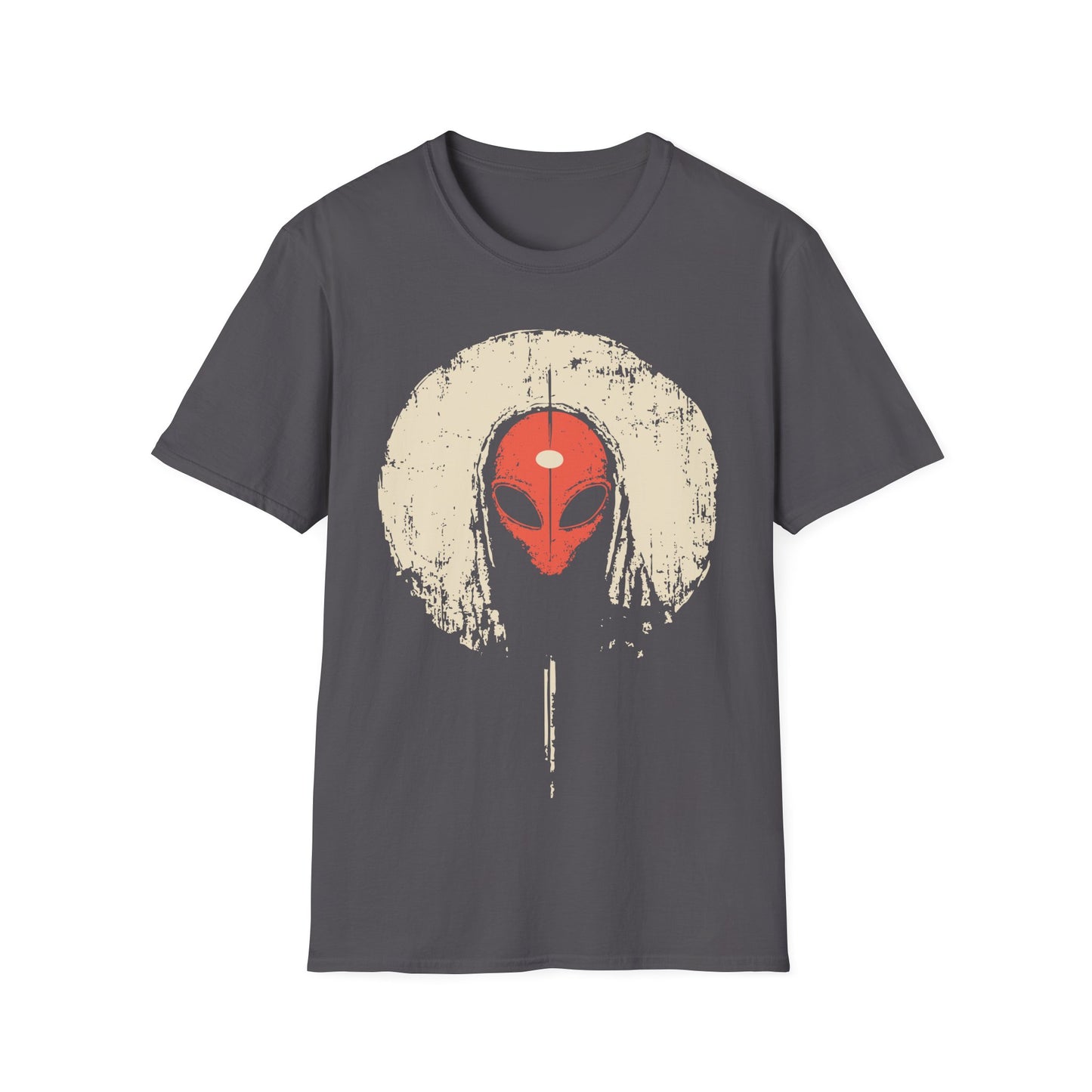 Alien Third Eye Moon t-shirt design, featuring a red alien face with a centered third eye mark framed by a distressed cream moon in a minimalist occult inspired illustration on a charcoal grey background