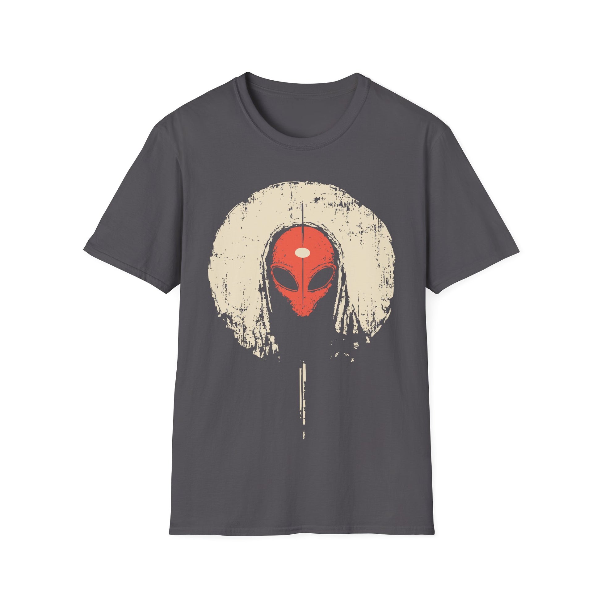 Alien Third Eye Moon t-shirt design, featuring a red alien face with a centered third eye mark framed by a distressed cream moon in a minimalist occult inspired illustration on a charcoal grey background