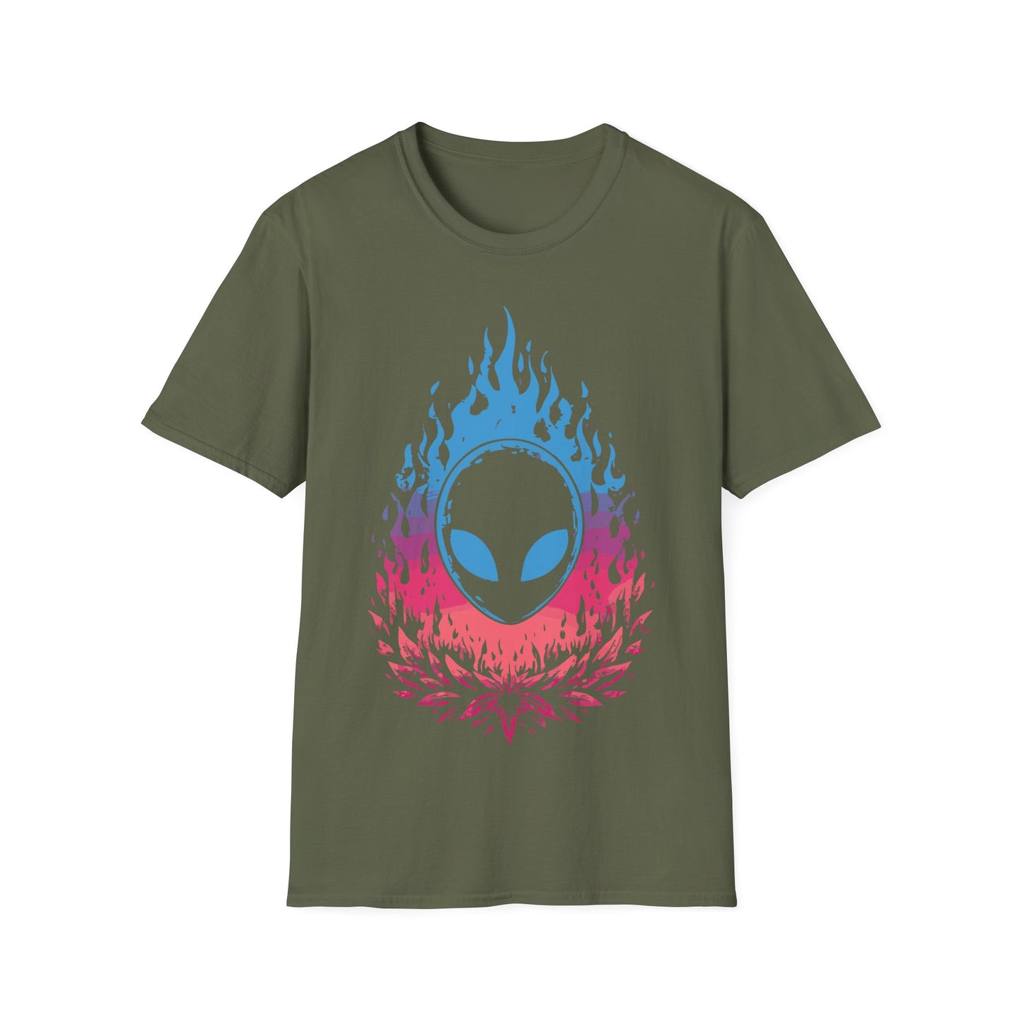 Alien Flame Flower t-shirt design, featuring a black alien face with glowing blue eyes rising from blue to pink flames above a stylized pink floral burst on a military green background